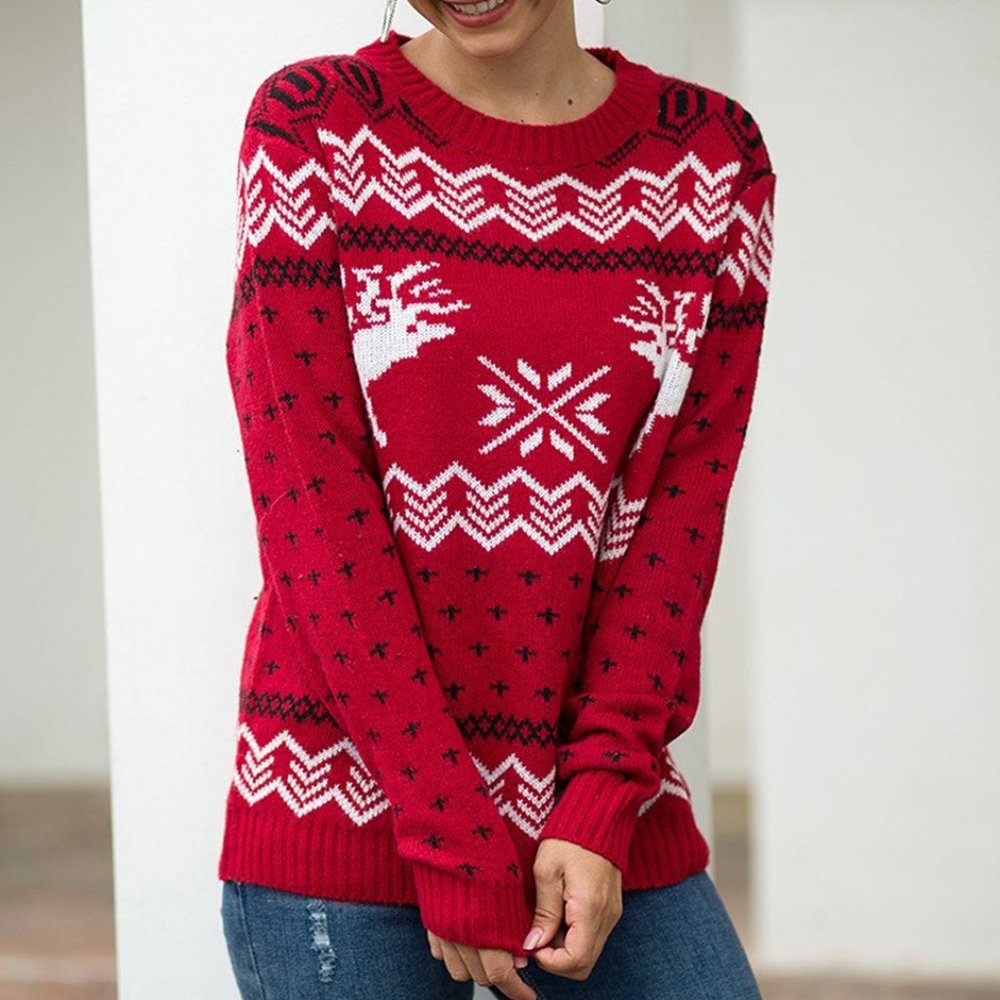 Christmas Sweater Long Sleeve Reindeer Snowflakes Patterns Knit Pullover Tops